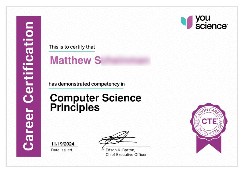 Computer Science Principles Certificate
